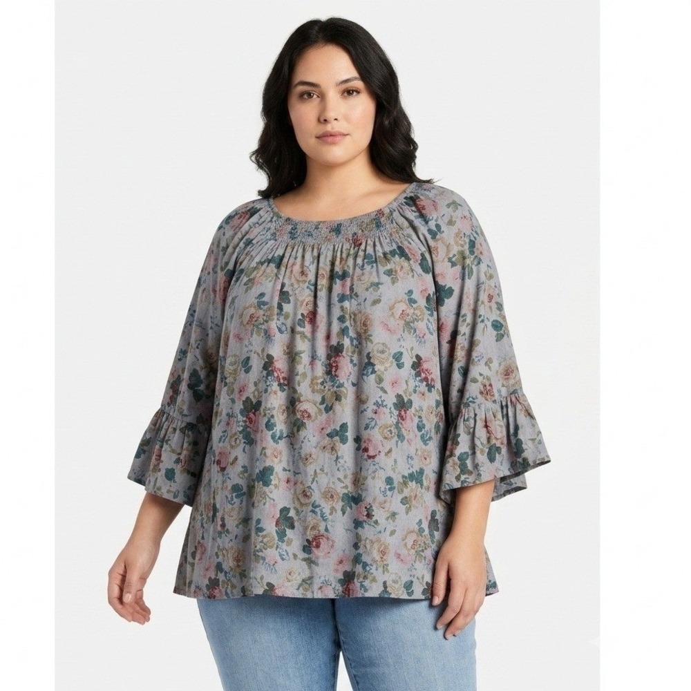 Avenue Blouse Womans 14 Floral Smocked Square Neck Blue Rose Bell Sleeve